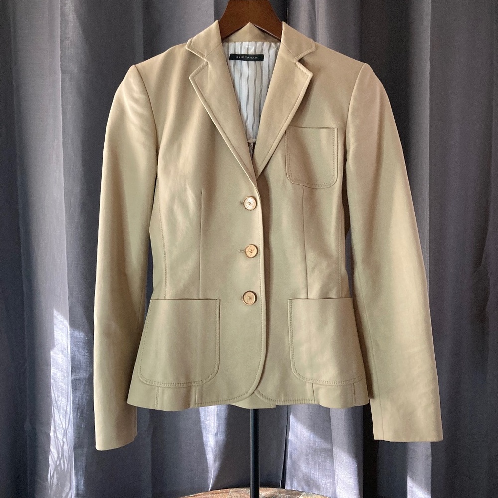 SALE! Elie Tahari Smooth Fine Cotton Khaki Classic Blazer Money Academia Work 2